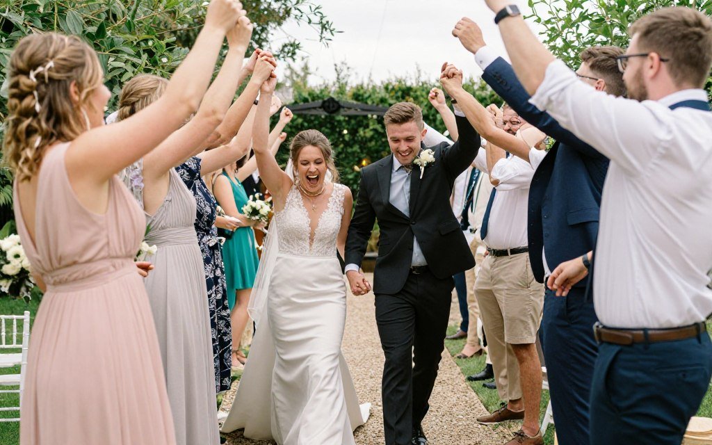 guests creating human tunnel for wedding exit