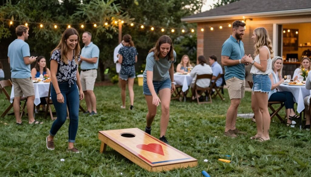 guests playing lawn games at rehearsal dinner