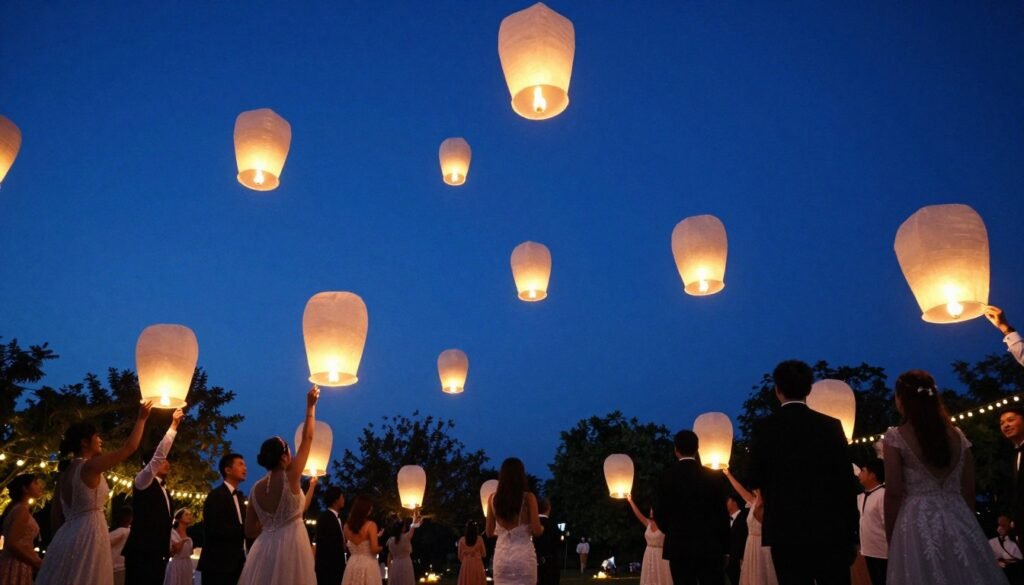 guests releasing glowing paper lanterns into evening sky at wedding