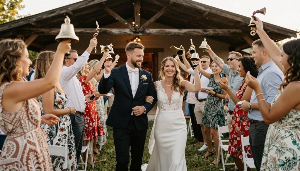 guests ringing bells at wedding exit celebration