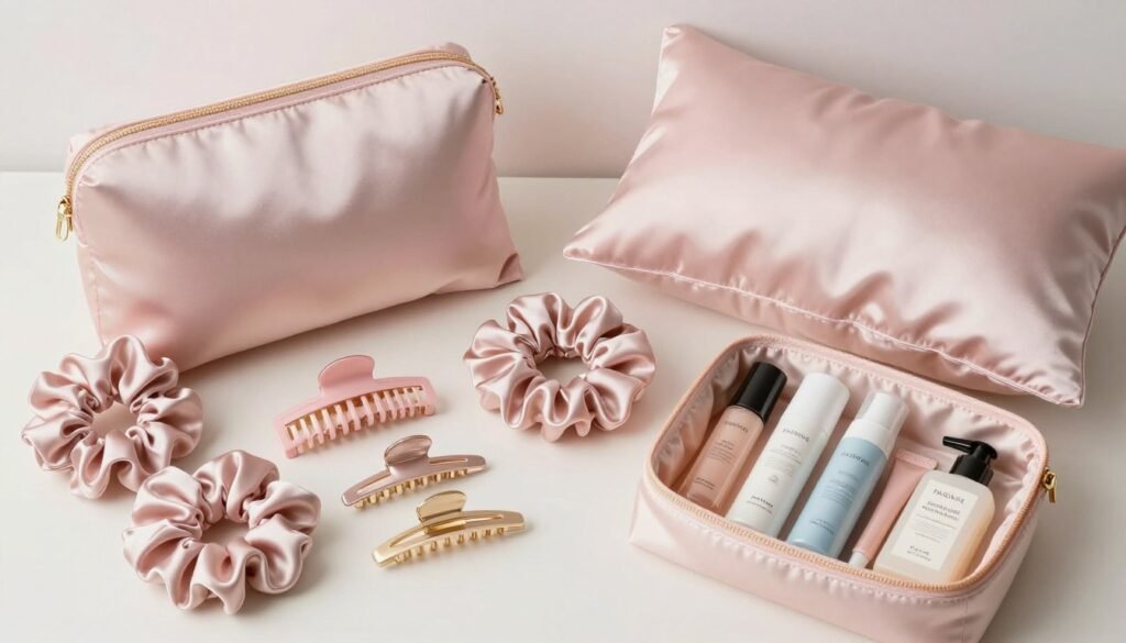 hair accessories and beauty tools arranged with satin pouches