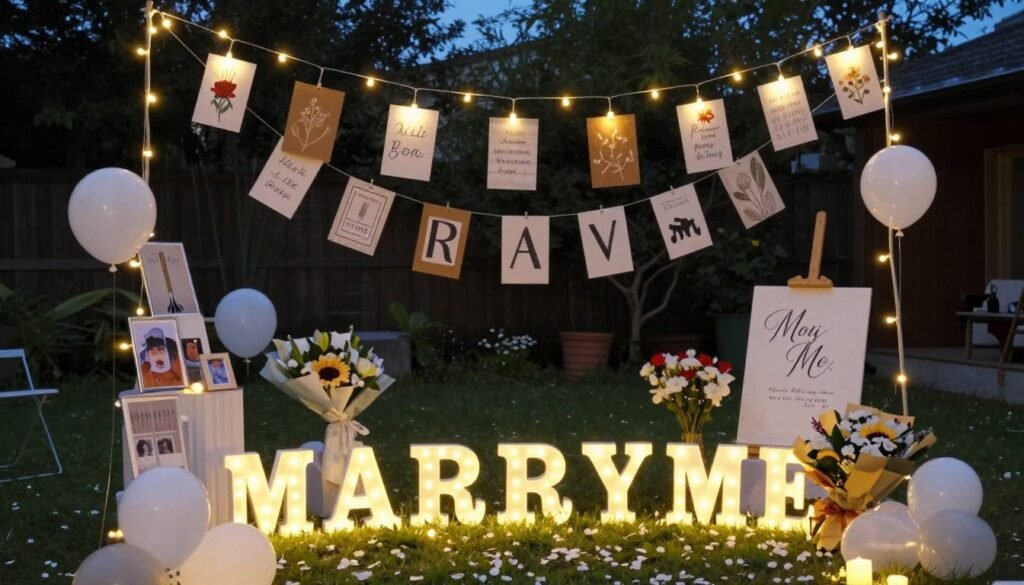 handmade proposal setup with string lights