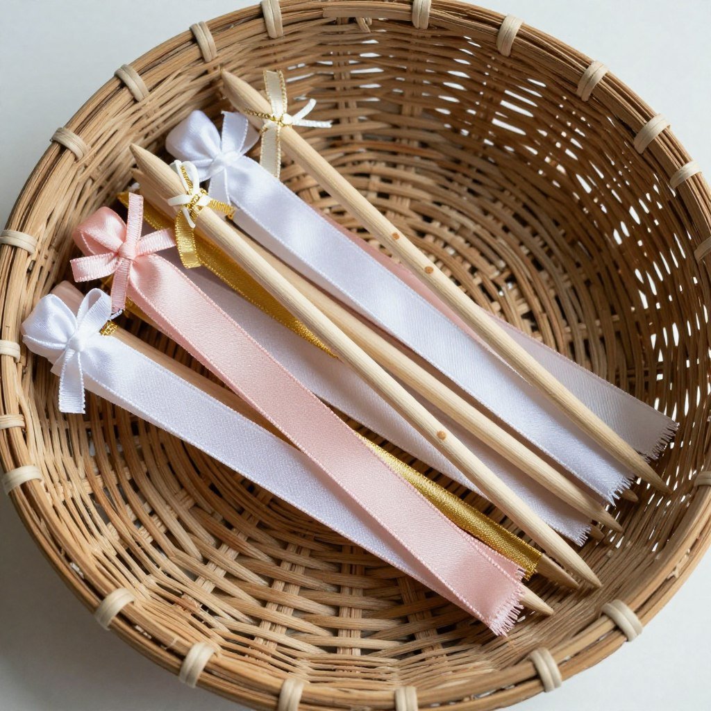 handmade ribbon wands in wedding colors displayed in decorative basket