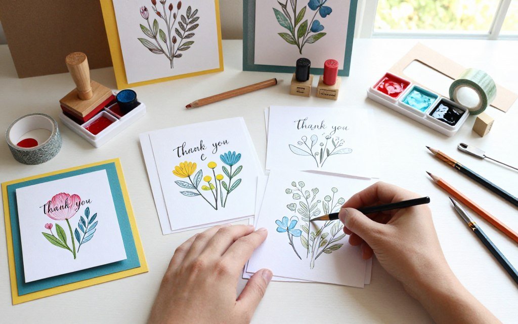handmade thank you card with craft supplies showing creative process