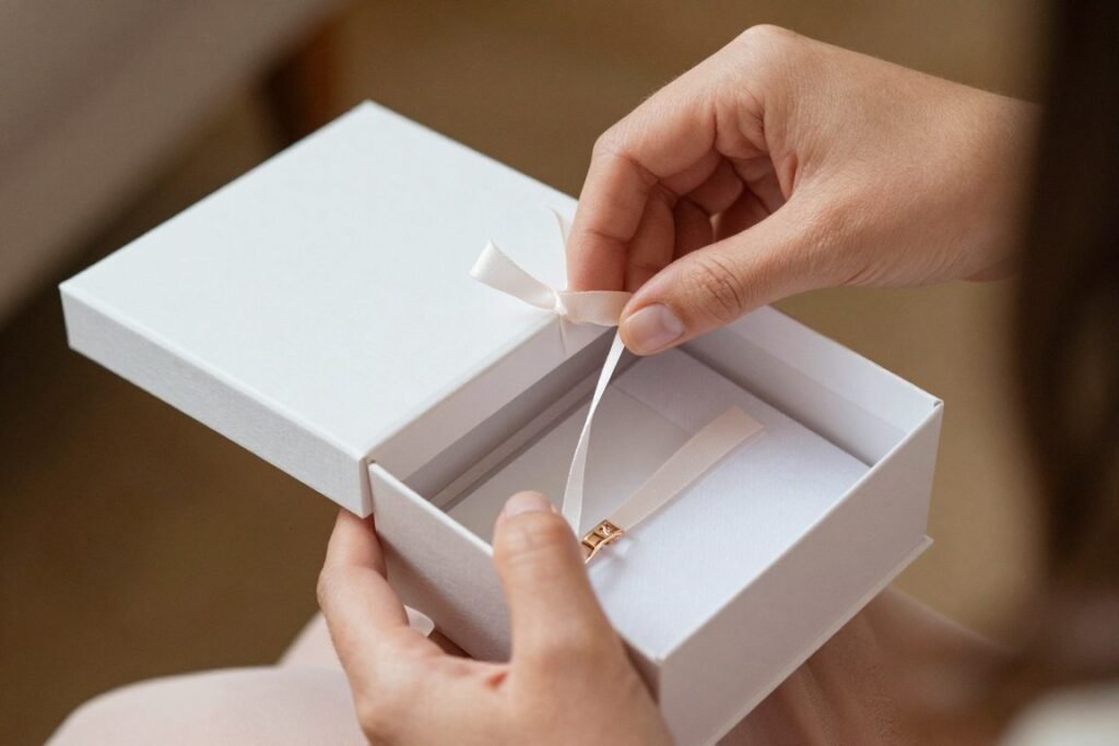 hands holding open bridesmaid proposal box showing genuine reaction moment hands holding open bridesmaid proposal box showing genuine reaction moment
