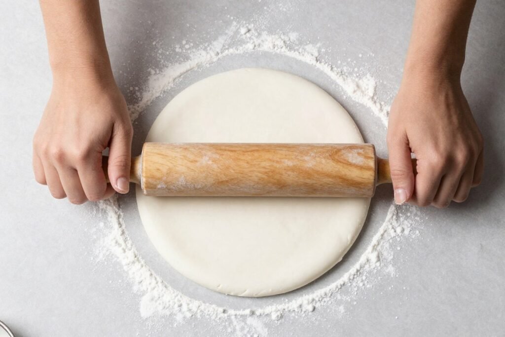 hands rolling out white fondant on dusted surface