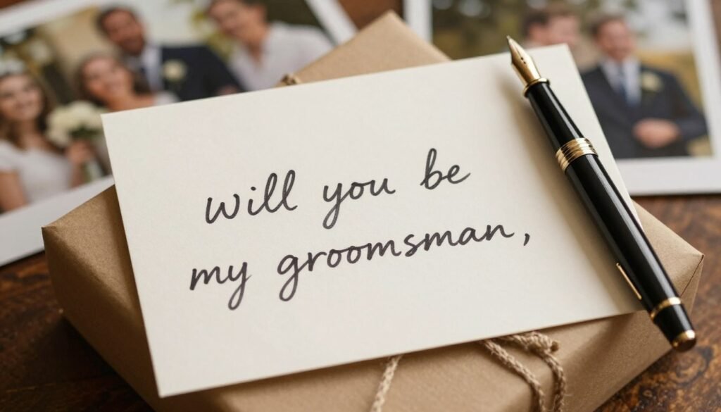 handwritten groomsman proposal card with gift