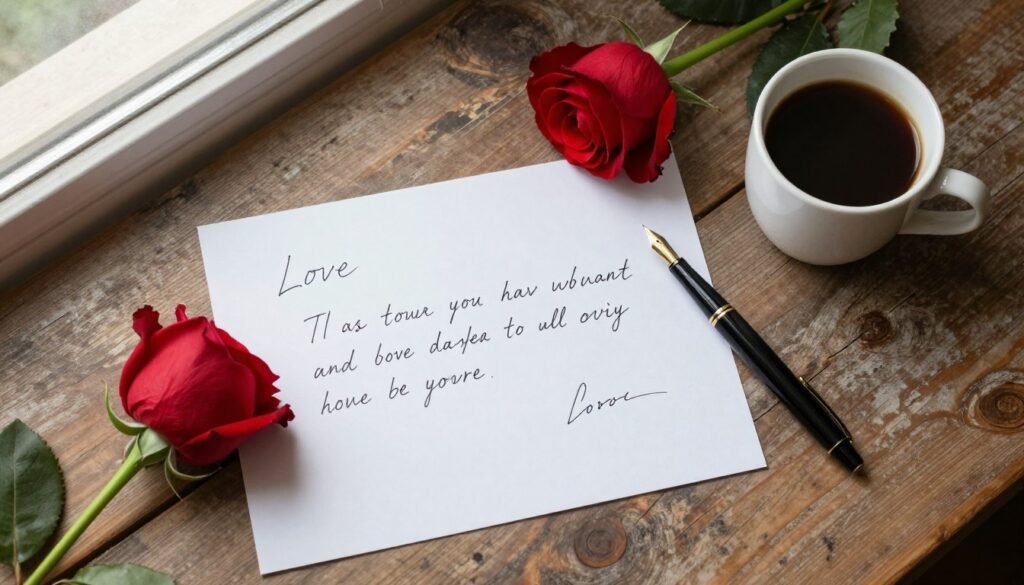 handwritten love letter with rose and coffee on wooden table