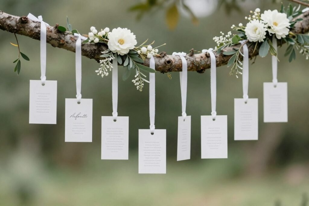 hanging escort cards on tree branch display with flowers hanging escort cards on tree branch display with flowers