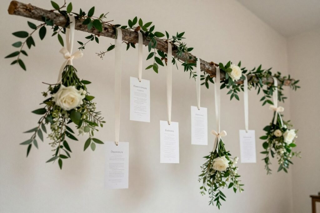 hanging floral seating chart display