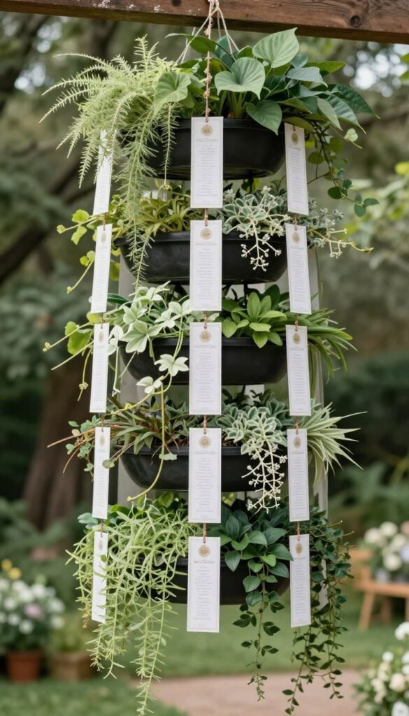 hanging garden installation with escort cards and trailing plants hanging garden installation with escort cards and trailing plants