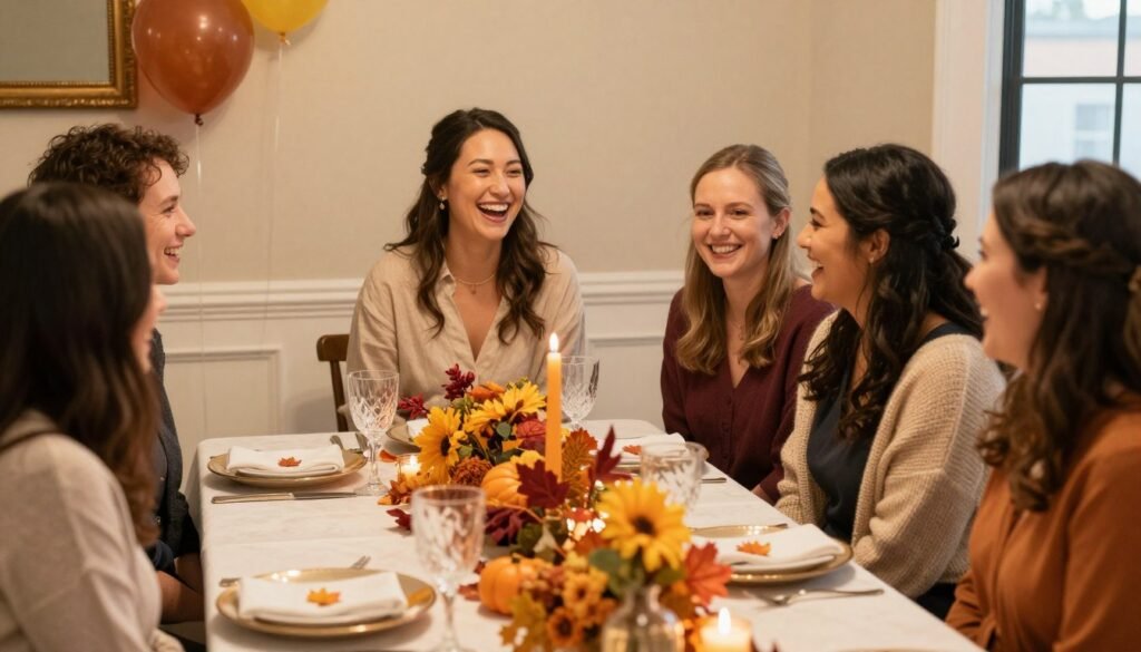 happy bridal shower celebration with autumn decorations and smiling guests