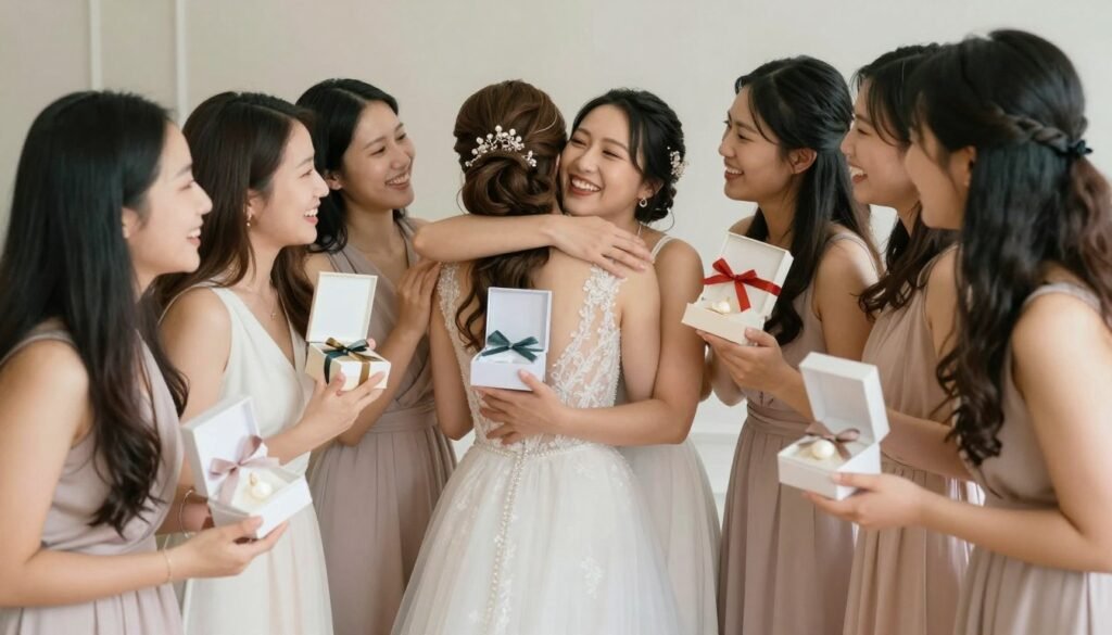 happy bride with bridesmaids after proposals
