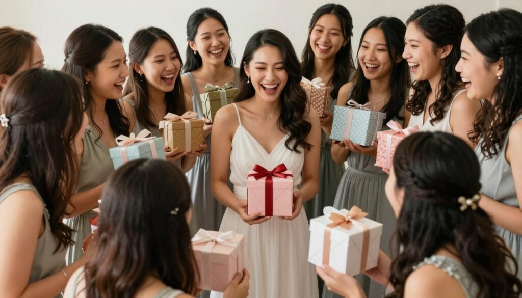 happy bride with bridesmaids after successful proposals happy bride with bridesmaids after successful proposals