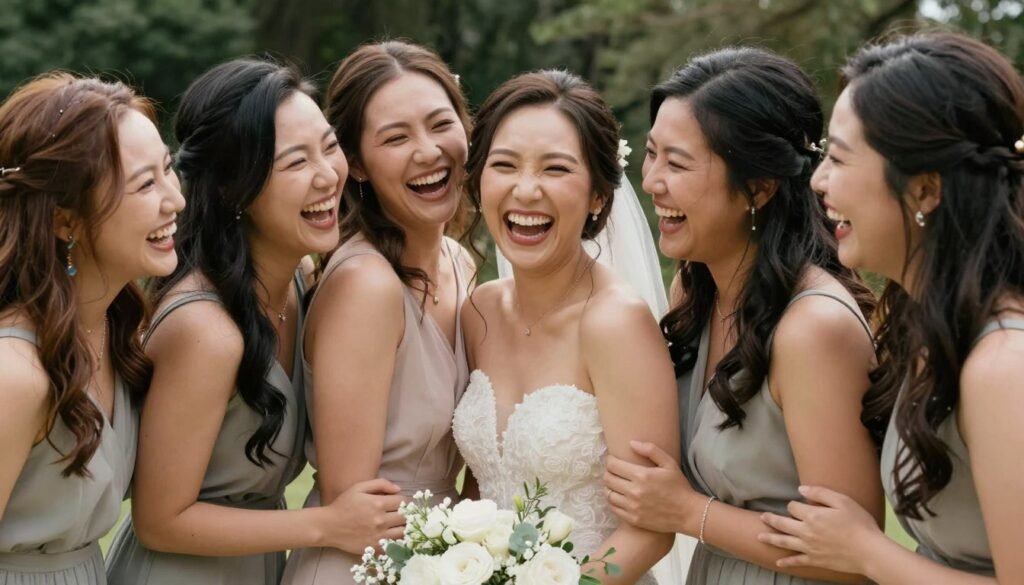 happy bride with bridesmaids celebrating together
