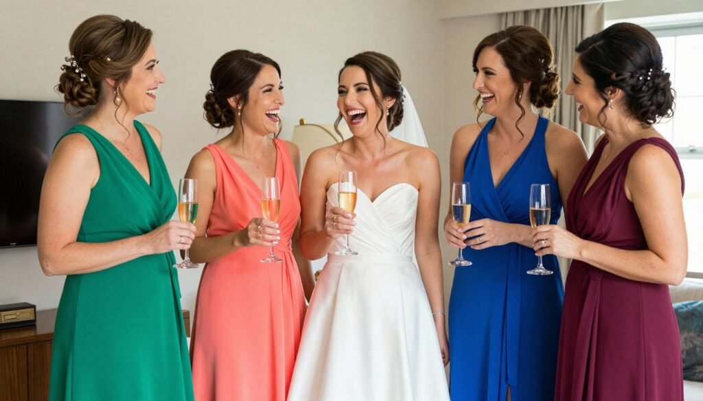 happy bride with bridesmaids in beautiful colorful dresses celebrating together