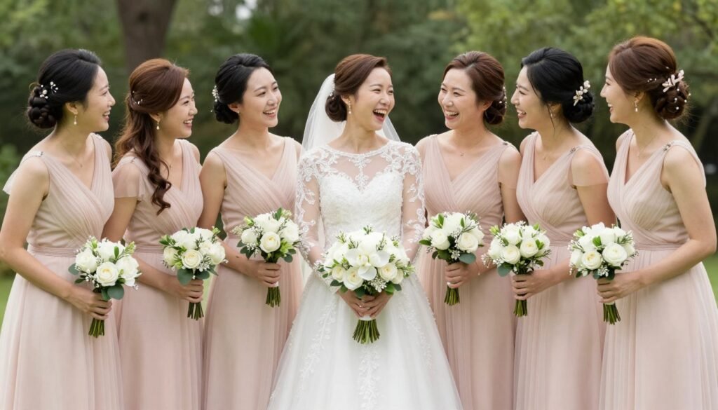happy bridesmaids beautiful dresses wedding day