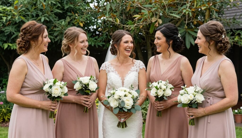 happy bridesmaids garden party wedding celebration joy