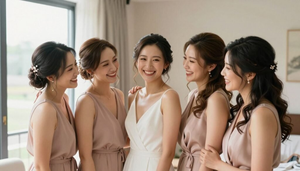happy bridesmaids with beautiful hairstyles happy bridesmaids with beautiful hairstyles