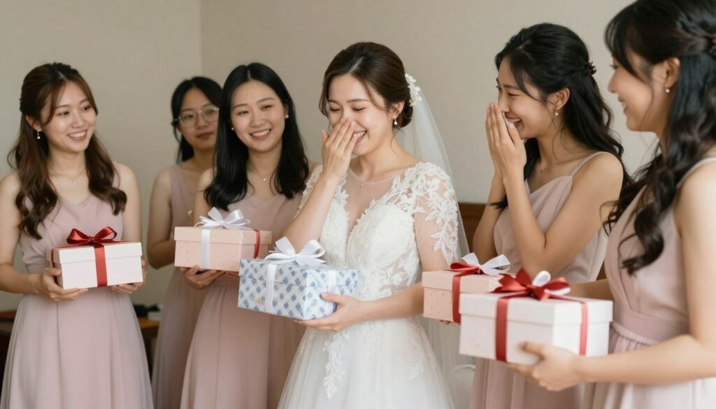 happy bridesmaids with gifts