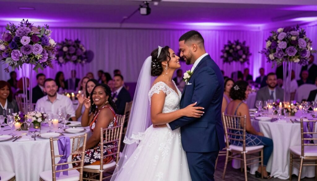 happy couple at their purple themed wedding celebration
