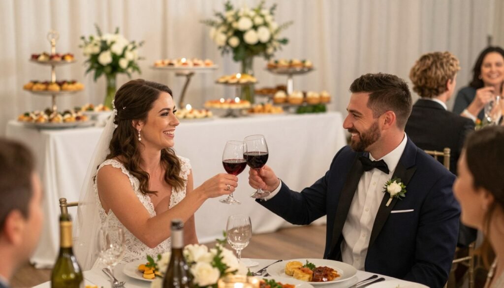 happy couple at wedding reception with food