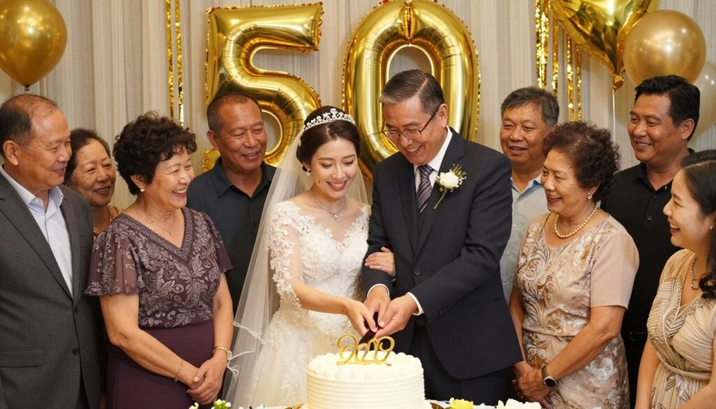 happy couple celebrating 50th anniversary with family