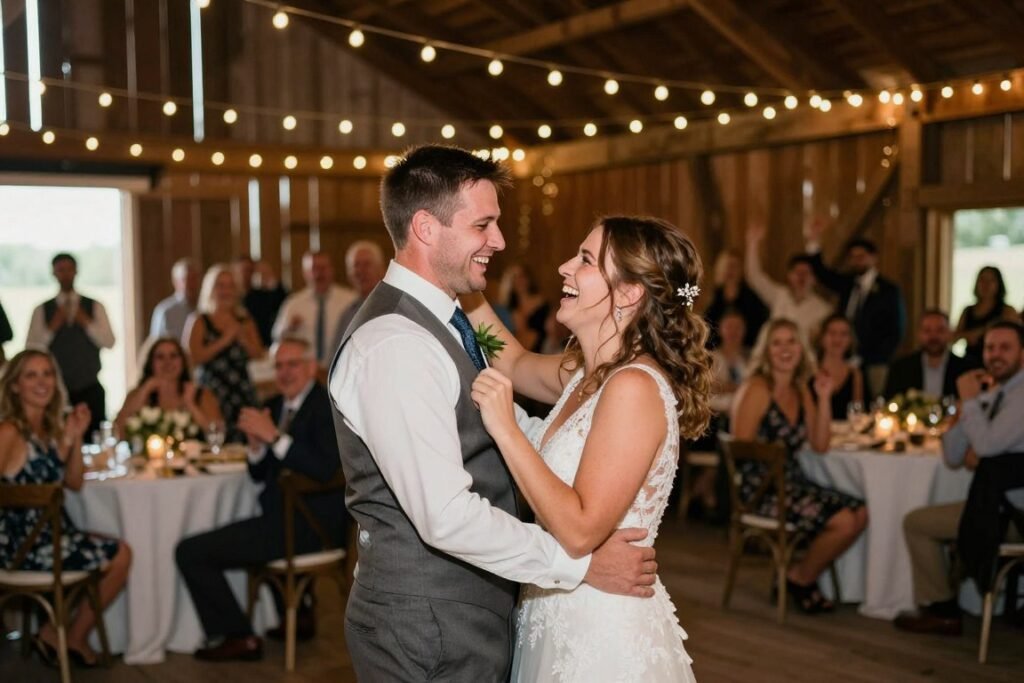 happy couple celebrating at their barn wedding reception