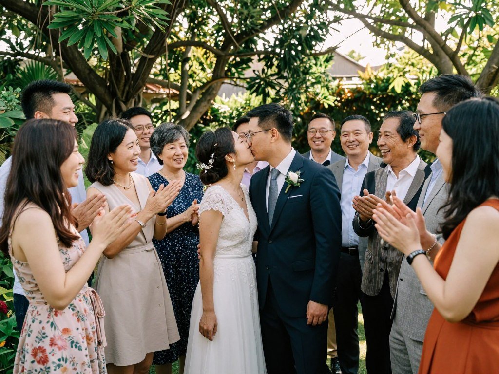 happy couple celebrating micro wedding with close friends and family in garden setting