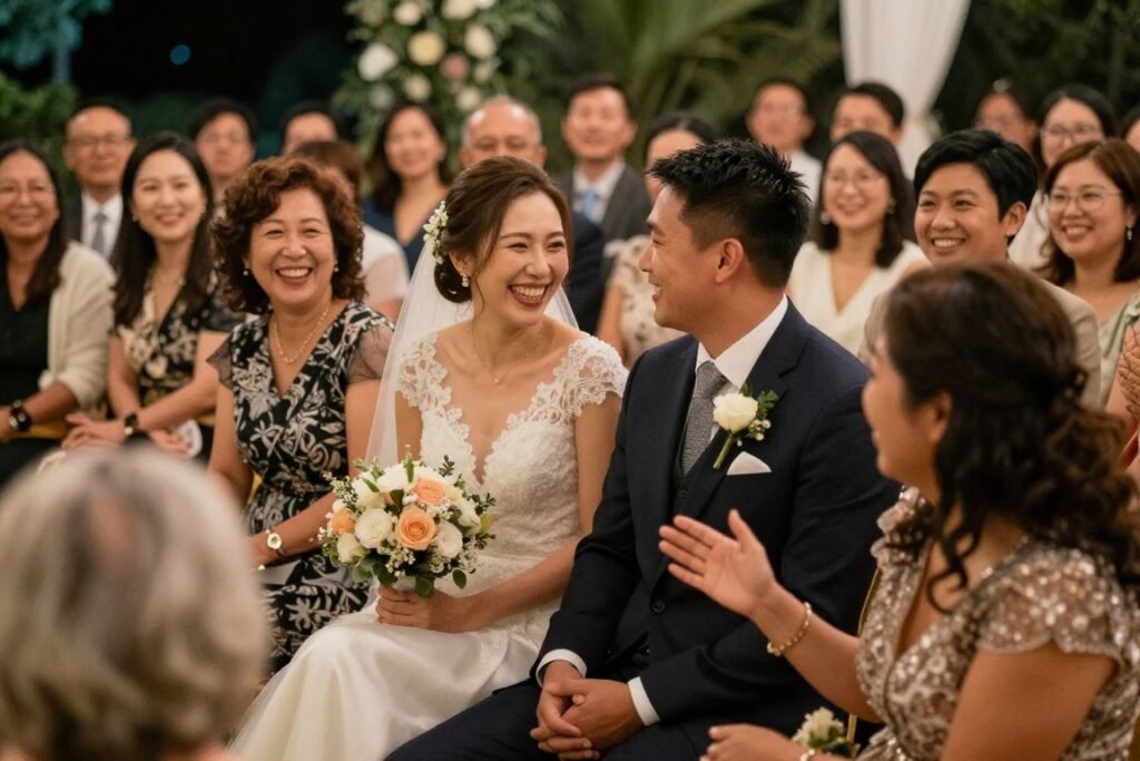 happy couple celebrating their perfect micro wedding with close friends and family