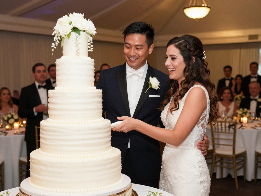 happy couple celebrating with their beautiful wedding cake at reception happy couple celebrating with their beautiful wedding cake at reception
