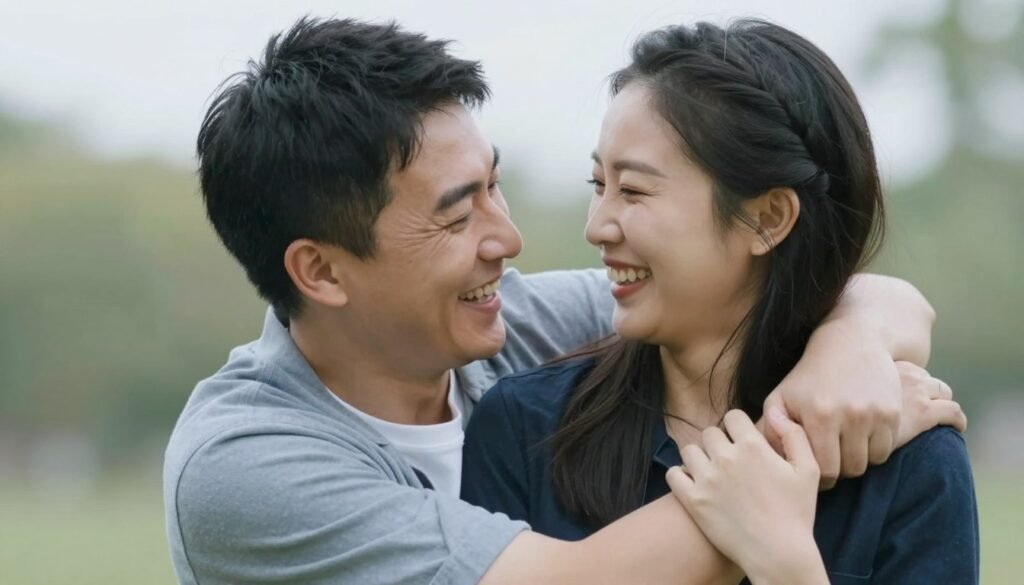 happy couple embracing and smiling on their anniversary