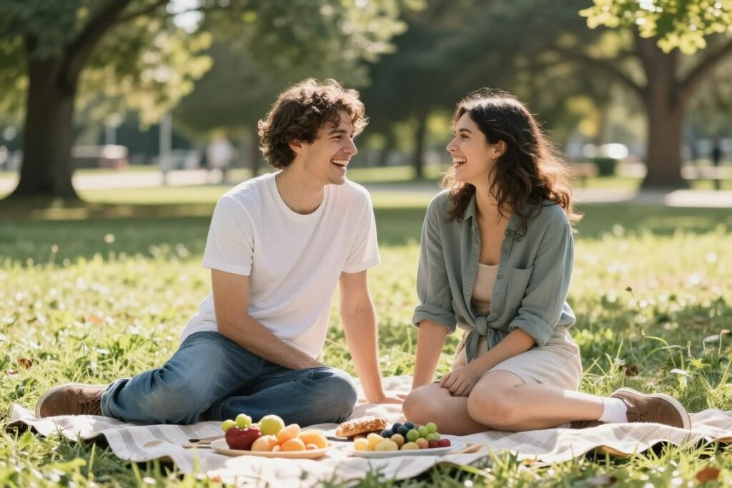 happy couple enjoying budget-friendly picnic date in park for anniversary
