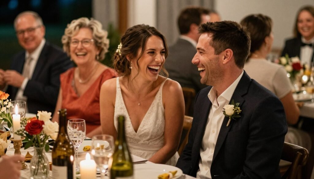 happy couple enjoying their rehearsal dinner with guests happy couple enjoying their rehearsal dinner with guests