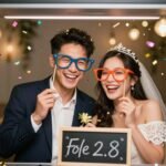 93+ Creative Photobooth Ideas Poses Couple Can Try for Unforgettable Memories happy couple laughing together in photo booth with colorful props and confetti