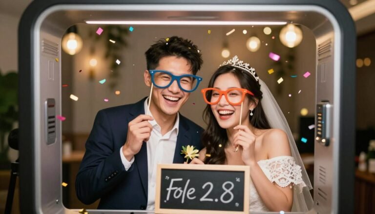 happy couple laughing together in photo booth with colorful props and confetti