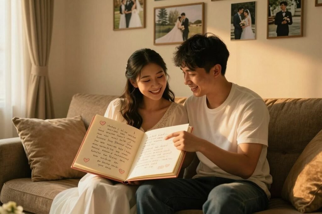 happy couple looking at their completed wedding guest book alternative together at home surrounded by wedding memories happy couple looking at their completed wedding guest book alternative together at home surrounded by wedding memories