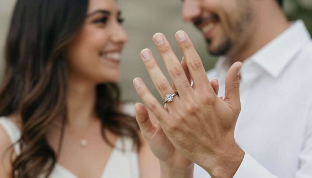 happy couple showing off their new wedding ring tattoos together