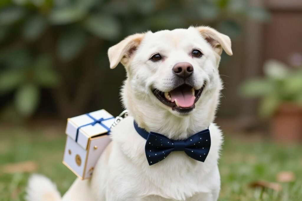 happy dog wearing bow tie with ring box attached to collar
