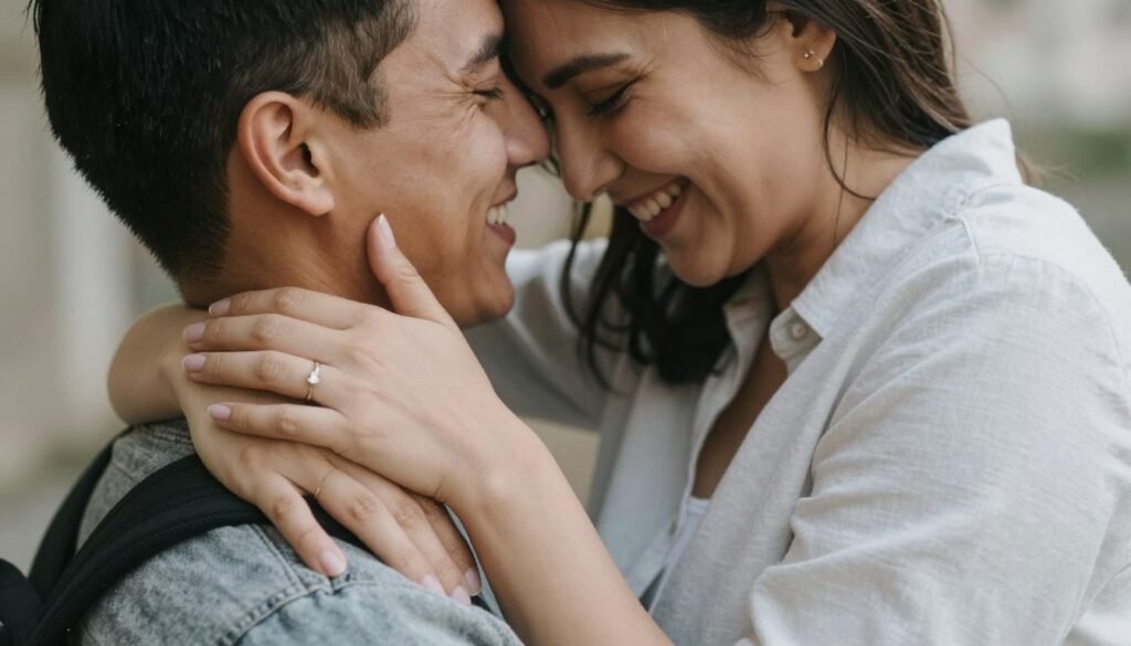 happy newly engaged couple embracing after proposal