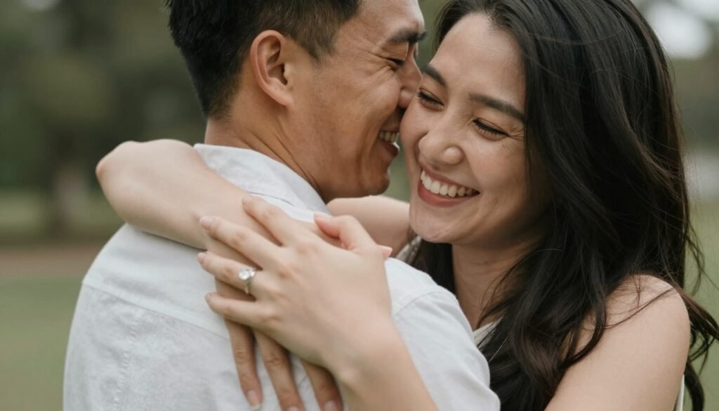 happy newly engaged couple embracing after proposal