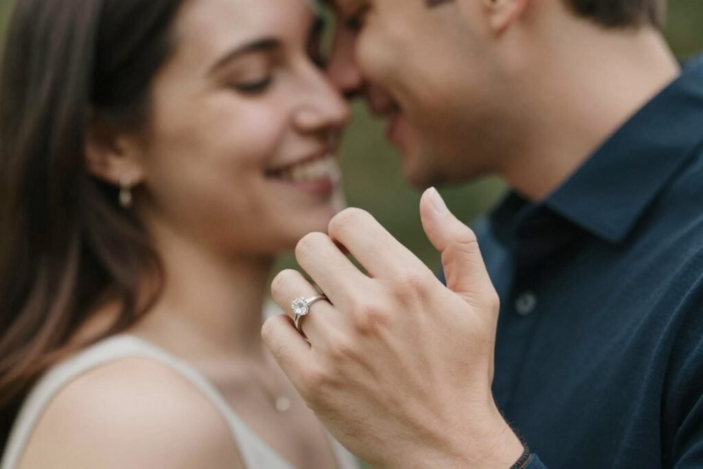 happy newly engaged couple embracing and celebrating