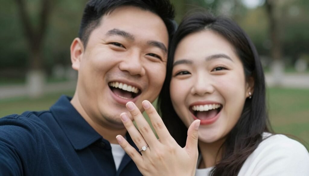 happy newly engaged couple taking selfie photo