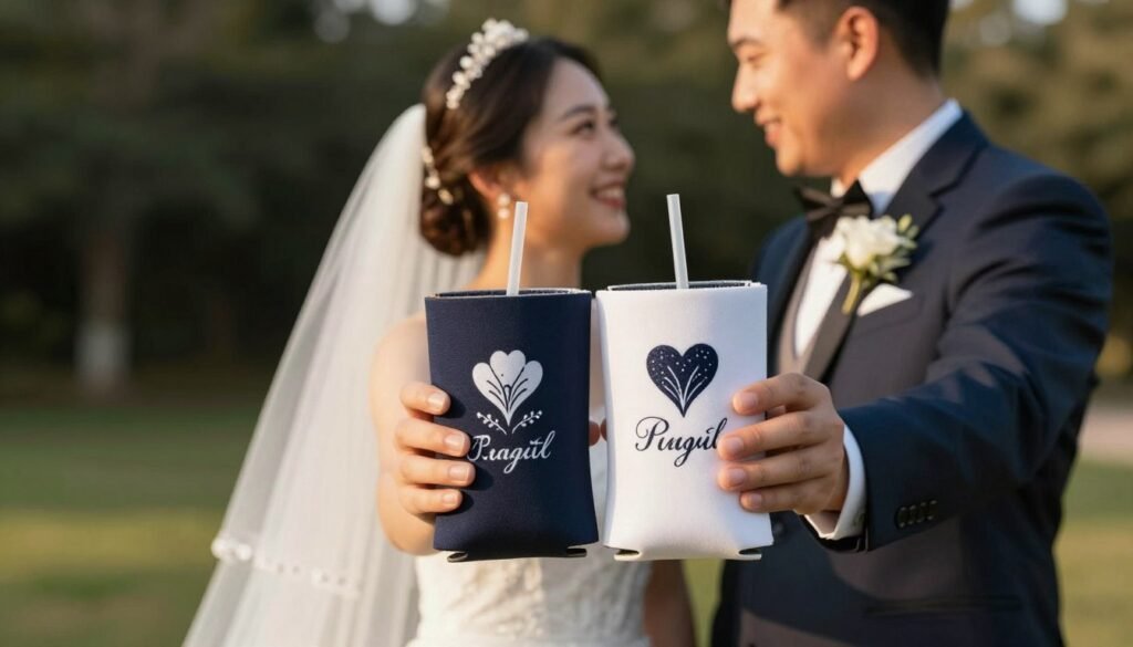 happy wedding couple holding custom koozies