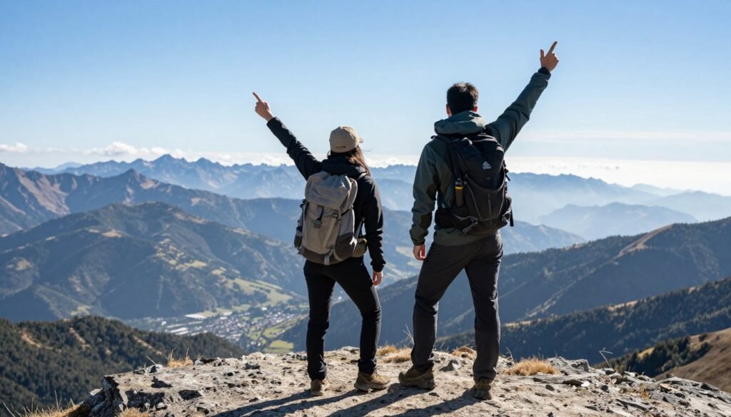 hiking couple reaching mountain summit together