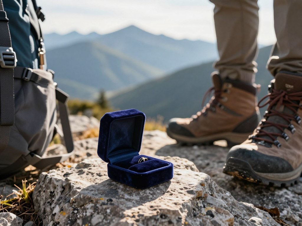 hiking proposal with ring box on mountain overlook