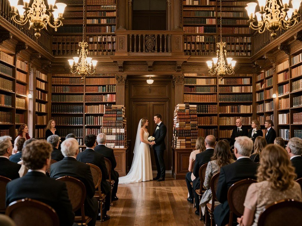 historic library micro wedding ceremony with vintage books and elegant architecture
