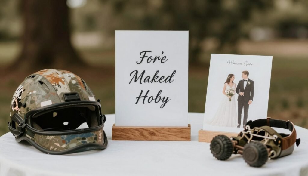 hobby-themed table number with sports memorabilia