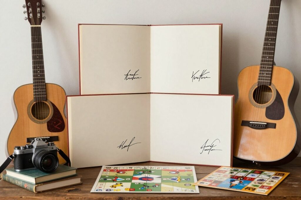 hobby themed wedding guest book display showcasing couple's interests through books, sports equipment, and creative items hobby themed wedding guest book display showcasing couple's interests through books, sports equipment, and creative items