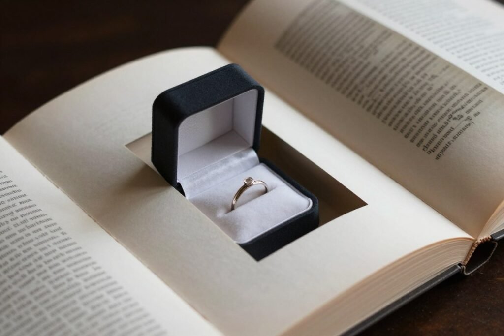 hollow book opened to reveal engagement ring inside